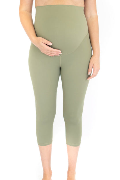 Sage green maternity leggings with high waistband for comfort during pregnancy