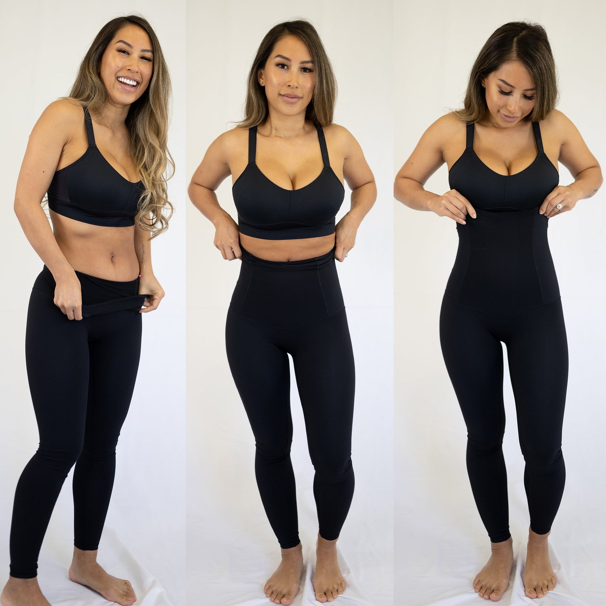 Three-panel photo of 7/8 Body Shapewear Leggings with pockets in black on a model