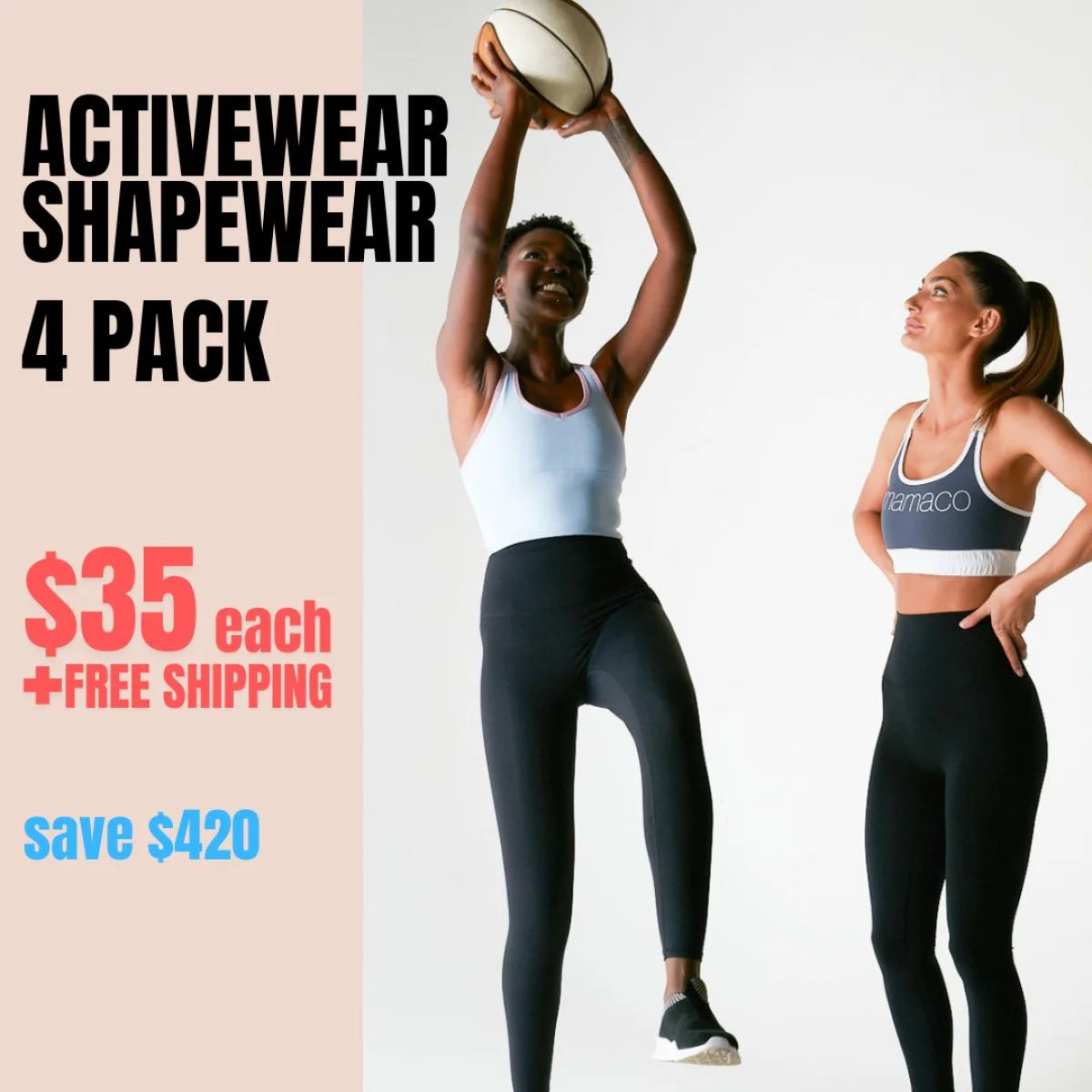 Activewear and Shapewear 4 Pack advertisement featuring $35 athletic clothing with free shipping