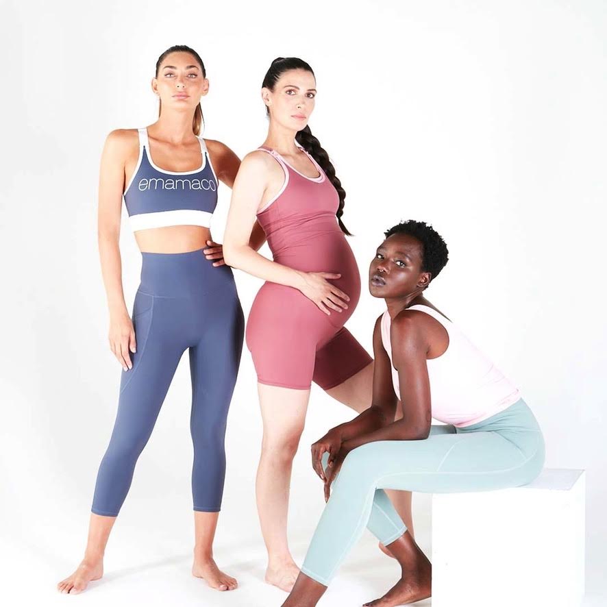 Three women in athletic wear showcasing Emama Long Line Nursing Crop in Rose