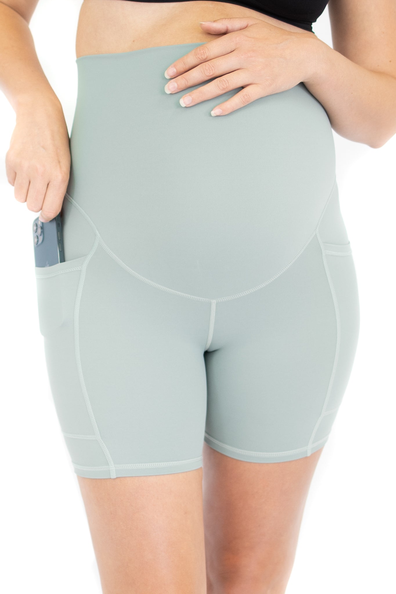 Pale blue Emama Maternity Bike Shorts with pockets for comfort and support during pregnancy