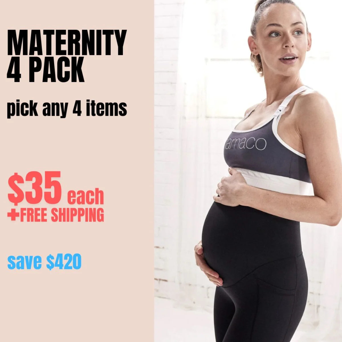 Maternity 4 Pack clothing bundle offer of 4 items for $35 each with free shipping