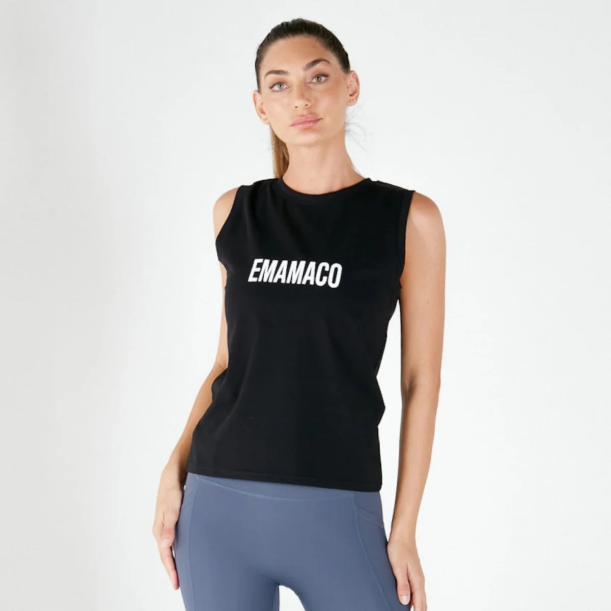 Black sleeveless tank top with EMAMACO print, a stylish addition to activewear or maternity